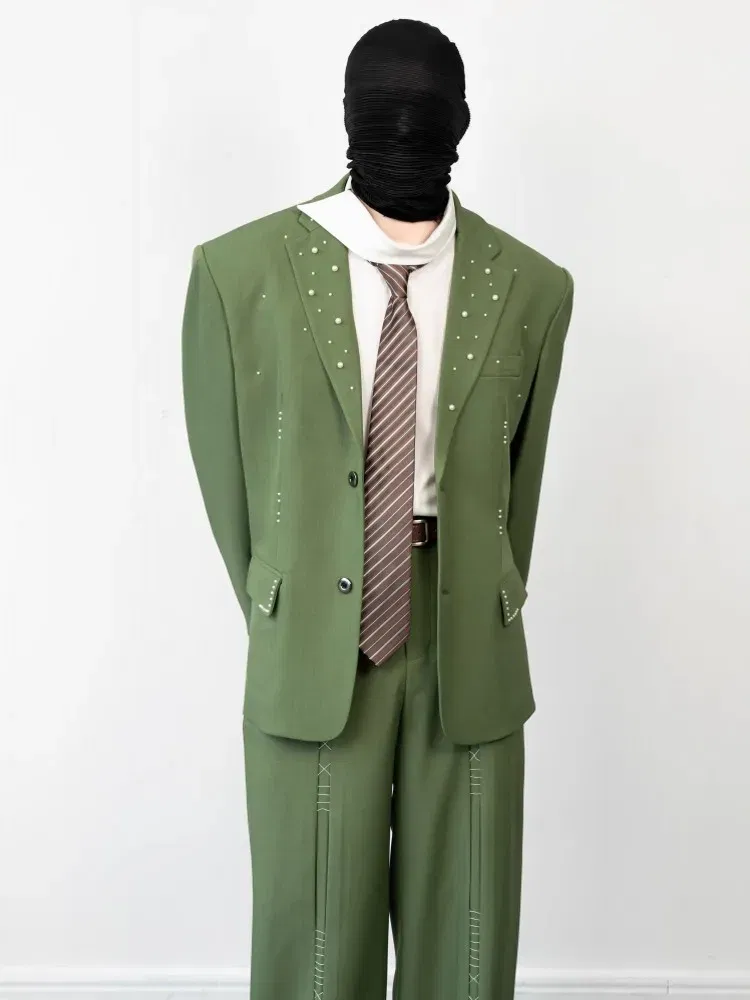 Color: green, Size: L - 2025 Hot Sale Mens Beads Design Spring Suits Casual Two Piece Set Loose Fit Fashion Match Set Outfit Hand Stitch Wide Leg Pants