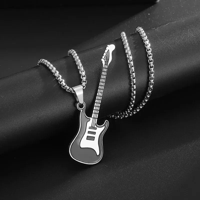 Metal Color: Dark Gold - Retro Punk Music Guitar Necklace for Men Personalized Gothic Pendant Fashion Hip Hop Rock Singer Jewelry Gift