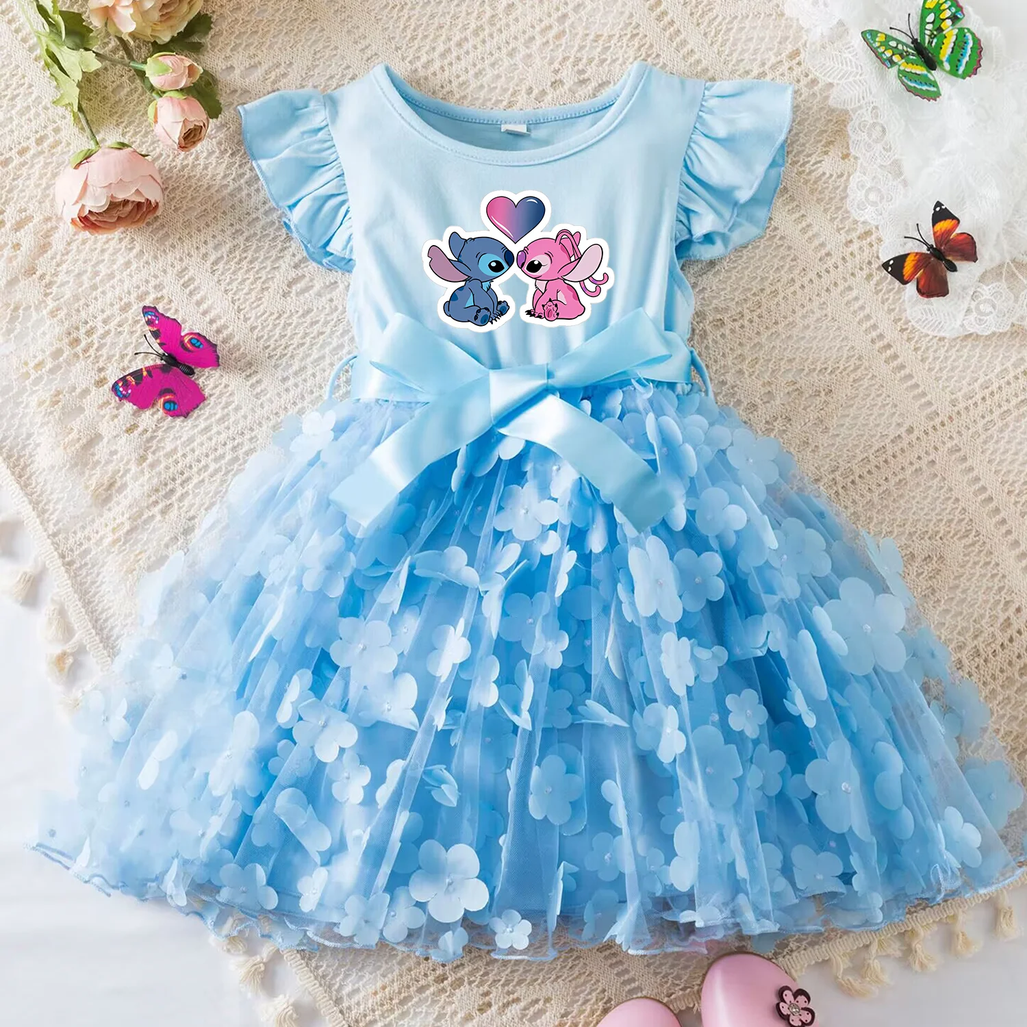Color: Navy Blue, Size: XL - 3D Butterfly Cute Lilo Stitch Summer Dress for Kid's Casual Clothes Baby Girls Beautiful Princess Dress Party Dresses 2-6 Yrs