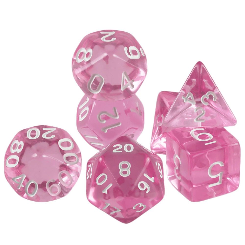Color: Pink - High Quality 7 Pcs/set Transparent Crystal Digital Polyhedral Dice Sets D4-D20 , for DNDGame Dados Rpg Board Game
