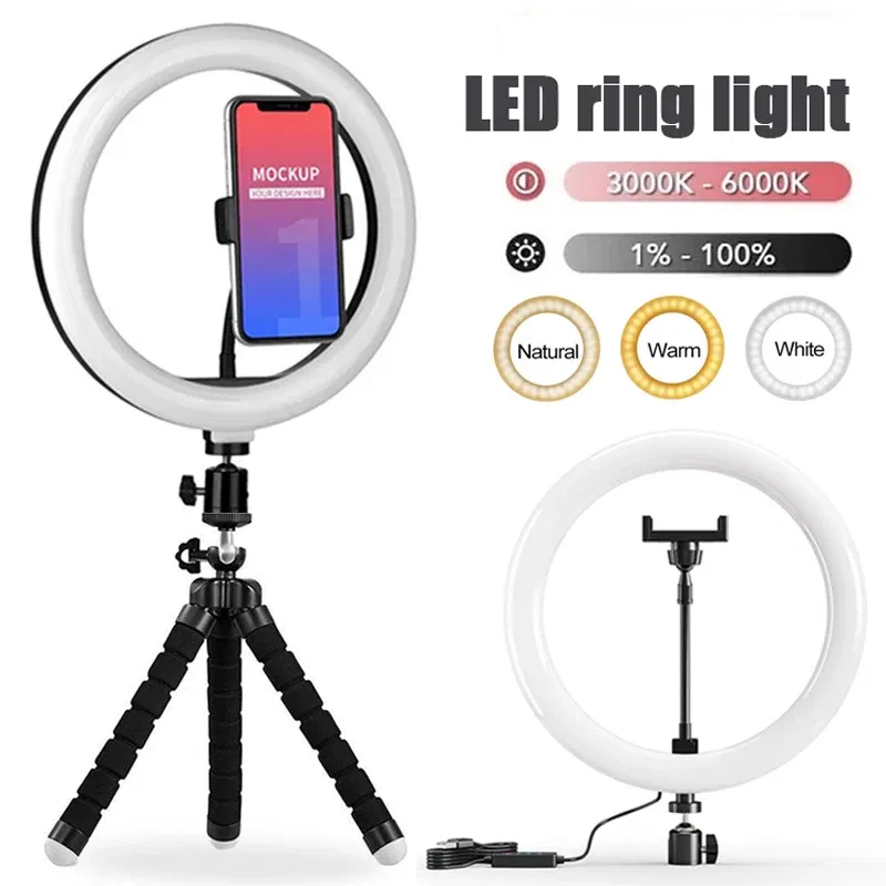 Color: Orange - 10 inch LED Selfie Ring Light Dimmable Photography Fill Lamp with Mini tripod for Mobile Phone Live Video Photo Studio Ringlight