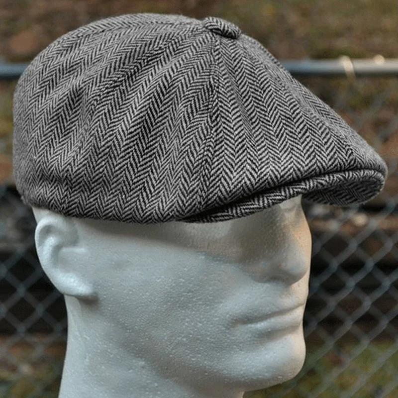 Color: Dark Grey, Hat Size: One Size - Men herringbone style berets retro woolen top felt hat fashion wild casual berets flat berets