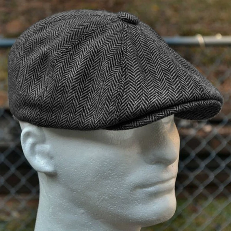 Color: Dark Grey, Hat Size: One Size - Men herringbone style berets retro woolen top felt hat fashion wild casual berets flat berets