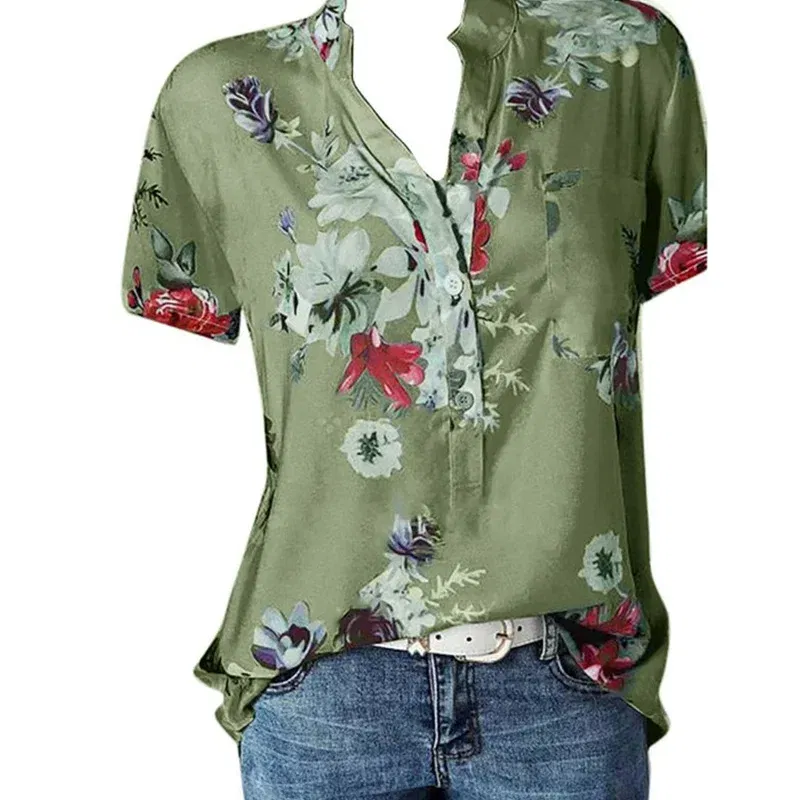Color: WHITE, Size: S - Temperament new women's shirt printing large size casual shirt loose V-neck short-sleeved shirt blouse
