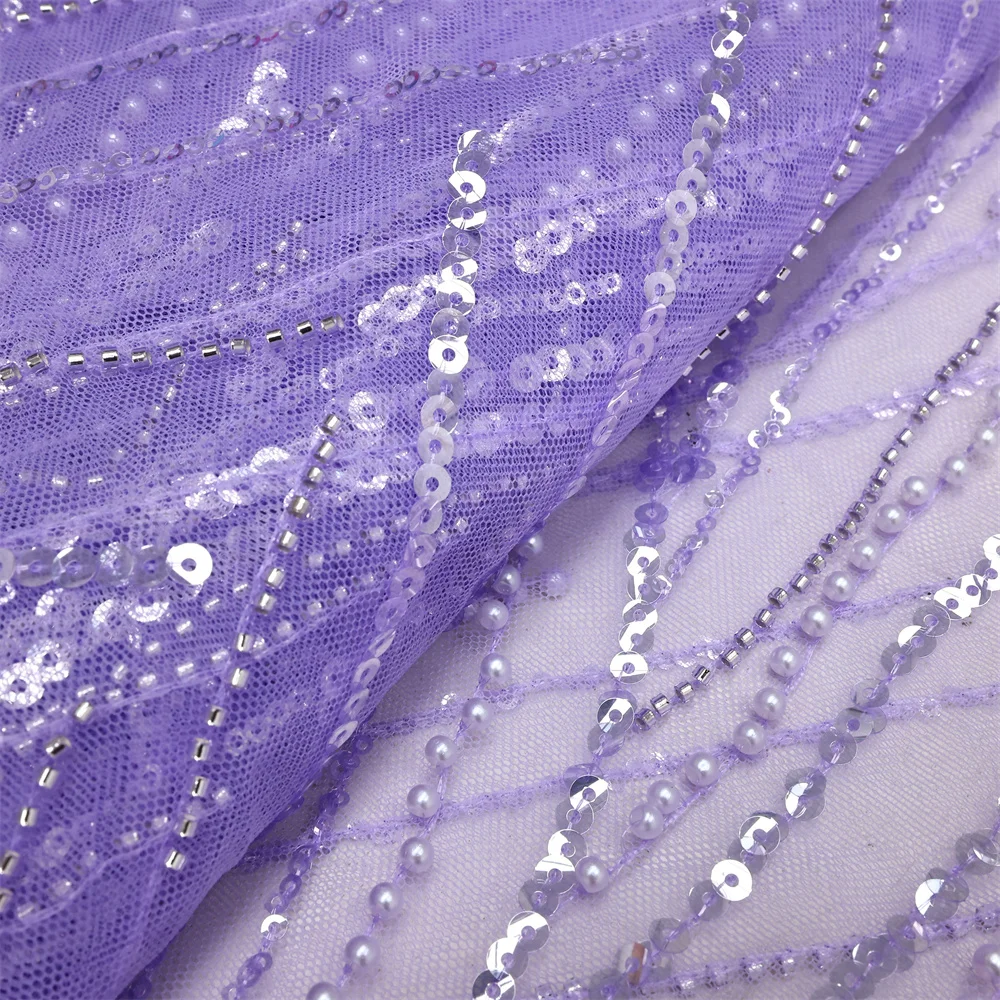 Color: Blue, Length: 5 yards, Width: 120cm - Luxury African Sequins Beaded Lace Fabric 2025 High Quality Groom Nigerian Wedding Bridal Embroidery French Tulle Sewing