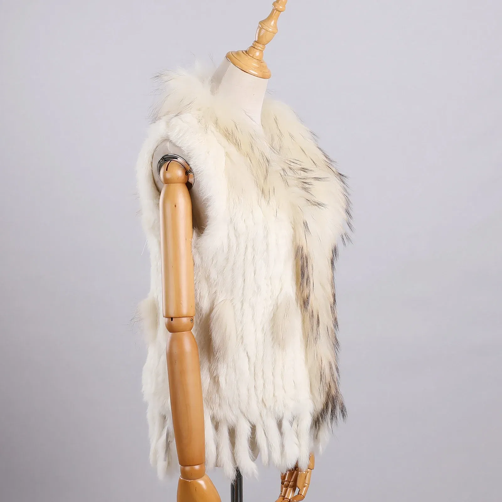 Color: Beige, Size: L - Luxury Women's Genuine Premium Long Hair Rabbit Fur Knit Vest Raccoon Fur Trim Gilet Lady Sleeveless Waistcoat Real Fur Jacket