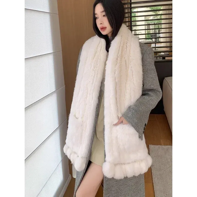 Double-sided rabbit fur ball pocket large shawl women's winter warm fur scarf woven scarf multi-functional