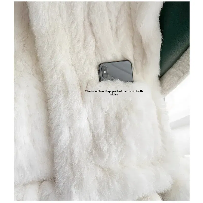 Double-sided rabbit fur ball pocket large shawl women's winter warm fur scarf woven scarf multi-functional