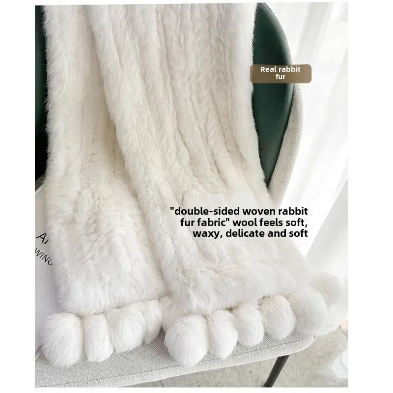 Double-sided rabbit fur ball pocket large shawl women's winter warm fur scarf woven scarf multi-functional