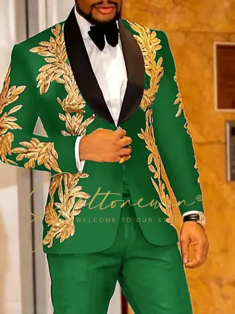 Color: green, Size: L - Luxury Groom Wedding Tuxedos Gold Sequins Appliques Black Men Suits Slim Fit Costume Homme Marriage Prom Suits