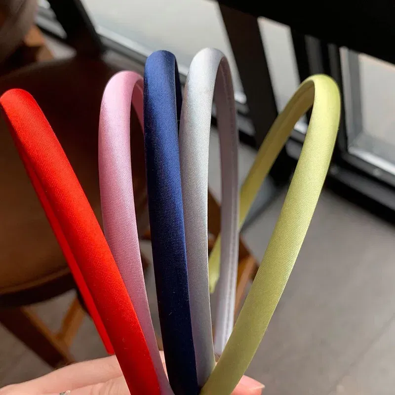 Color: wine red - Red Blue Green Satin Headband for Women girls Kids Hair band Solid Color Thin Elastic Hair Hoop Accessories Headpiece