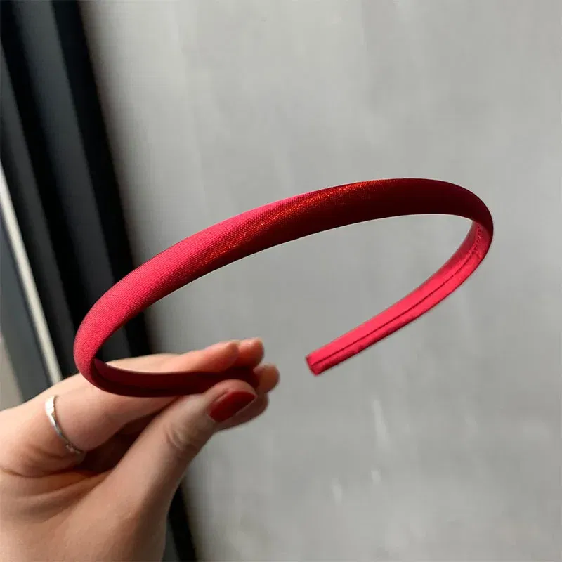 Color: wine red - Red Blue Green Satin Headband for Women girls Kids Hair band Solid Color Thin Elastic Hair Hoop Accessories Headpiece