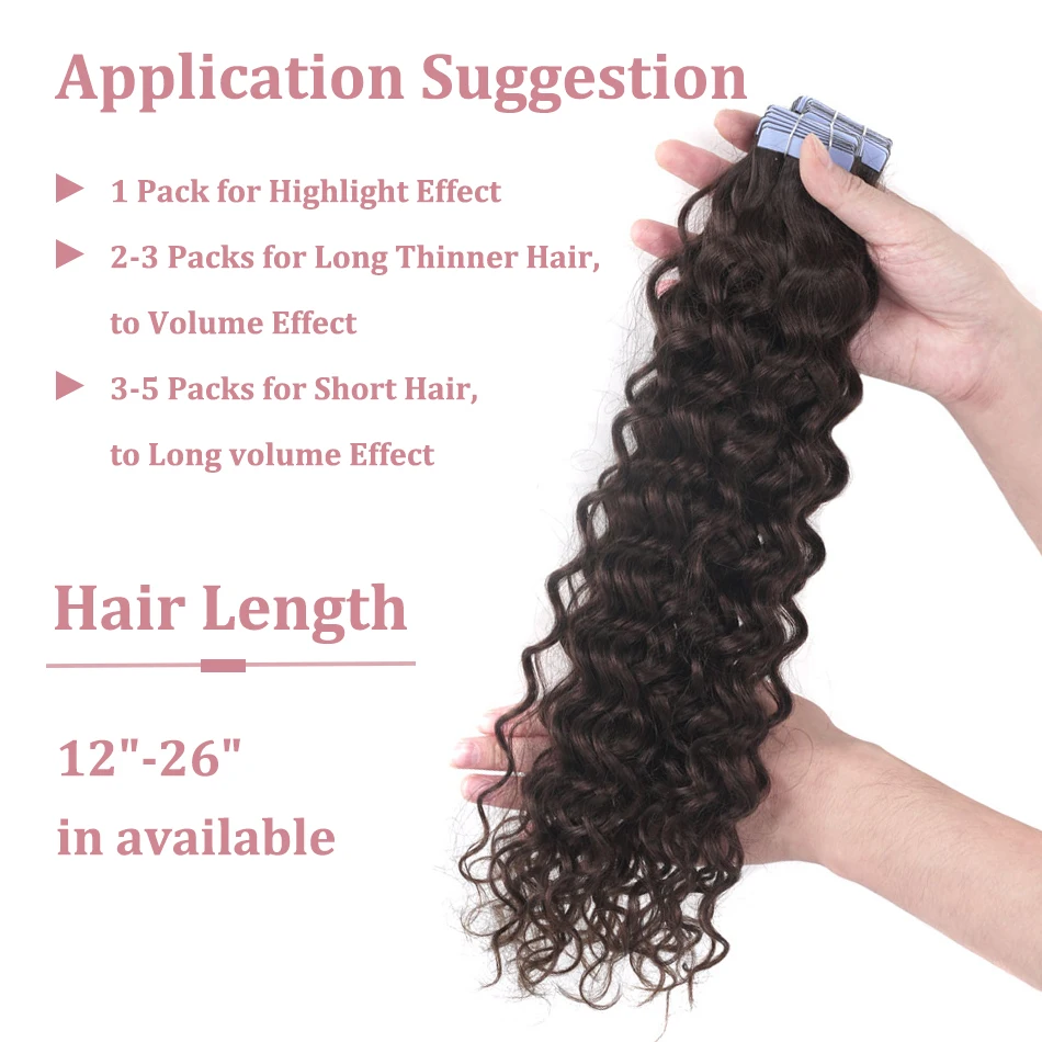 Color: #1B, Length: 22 inches, Items per Package: 20 pcs - Water Wave Tape in Human Hair Extensions 2g/pcs Dark Brown Real Human Hair Adhesive Invisible Keratin Hair Extensions for Women