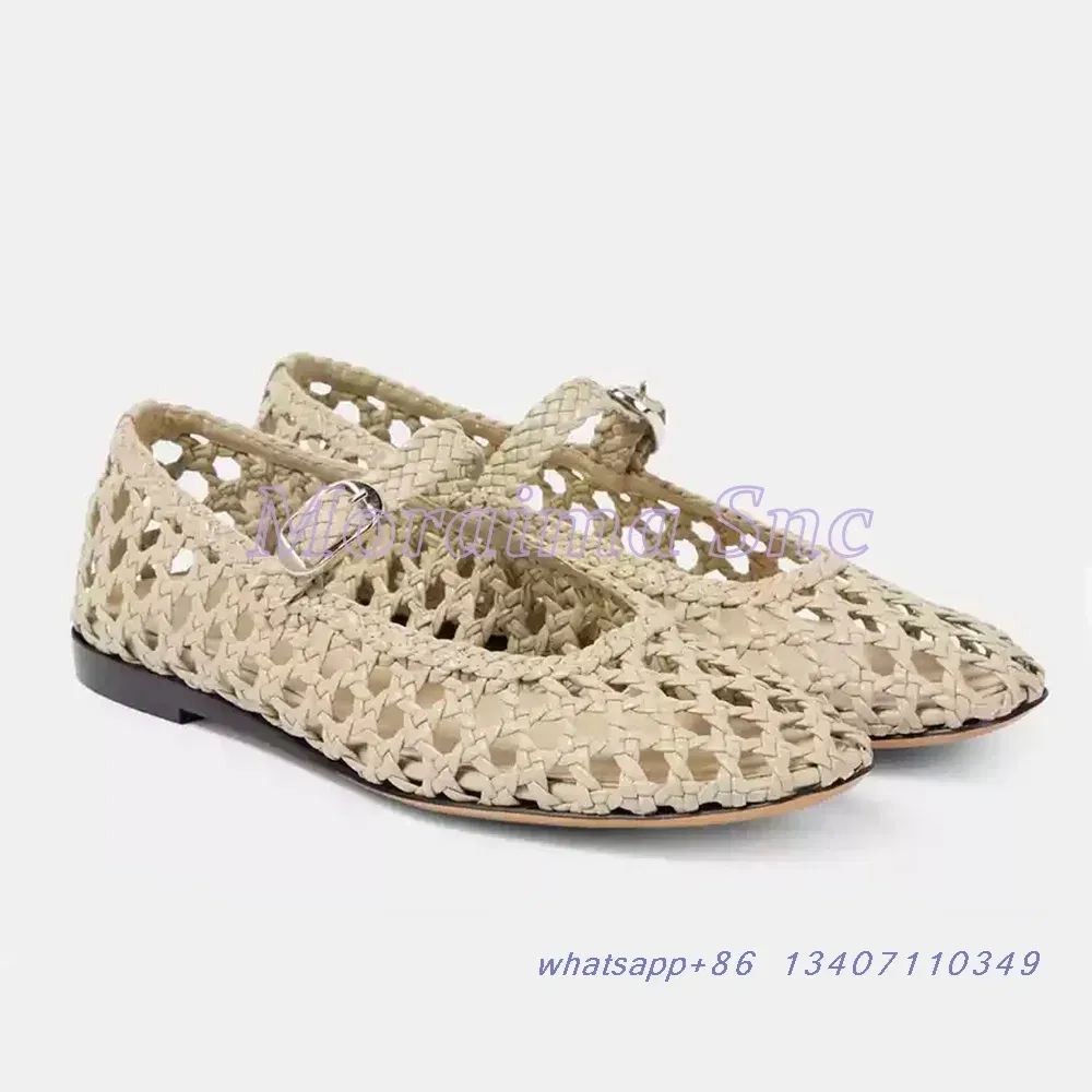 Color: Ivory, Shoe Size: 35 - Hollow Woven Leather Ballet Shoes Flat With Round Toe Ankle Buckle Strap Fashion Shallow Women Shoes Mary Janes Summer New 2025