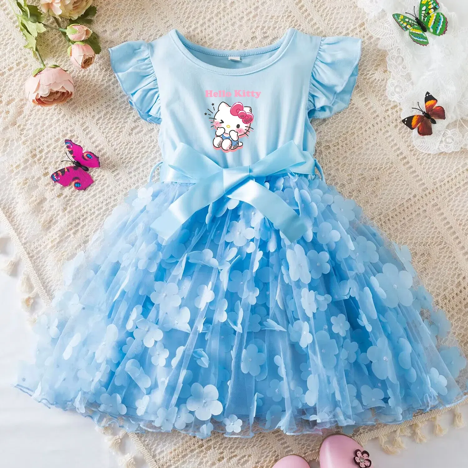 Color: Turquoise, Size: XL - Hello Kitty Summer Dress for Kid's Casual Clothes 3D Butterfly Cute Baby Girls Princess Dress Party Dresses 2-6 Yrs
