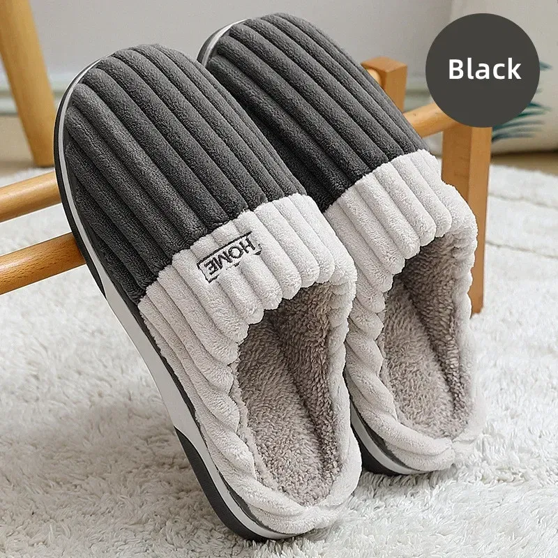 Color: Blue, Shoe Size: 44-45 - New Men Big Size 48 49 Winter Warm Slippers Women Soft Plush Furry Shoes Casual Flats Home Couples Bedroom Anti-Slip Slides