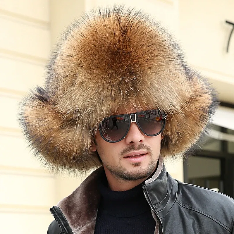 Color: PURPLE, Hat Size: 55 - 2025 Winter 100% Real Silver Fox Fur Bomber Hat Raccoon Fur Ushanka Cap Trapper Russian Men's Ski Hats Caps