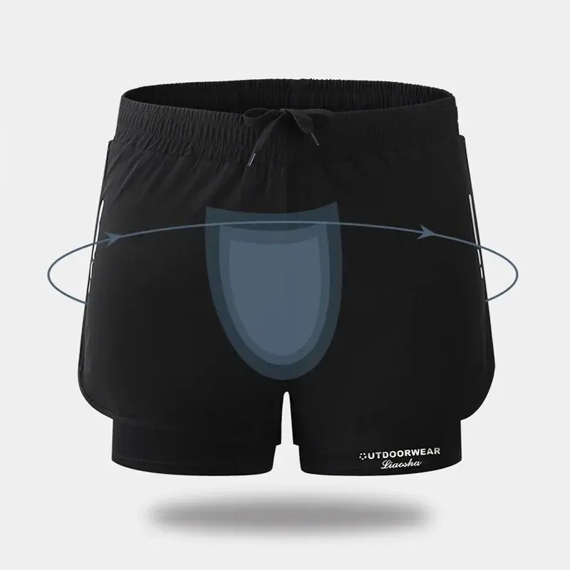 Size: XXL, Color: Black - High Quality New Sports Double-layer Breathable Men's Running Fitness Belt Lined With Anti-slip Loose Spa Swim Trunks