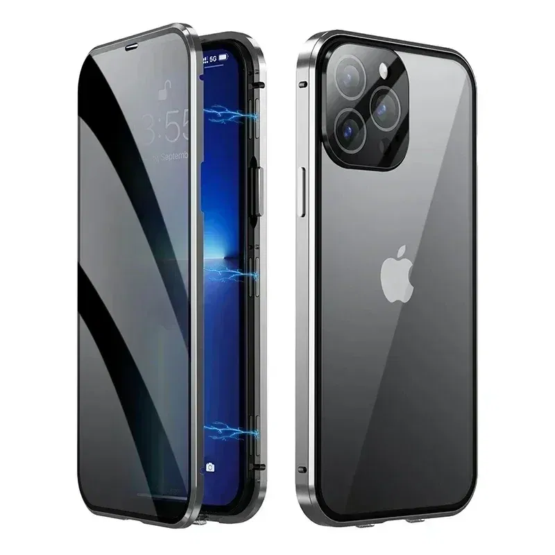 Color: Silver, Material: PU - Double-Sided Privacy Magnetic Case For iPhone 16 12 13 14 15 11 Pro Max 14 Plus 16 Plus Anti Peeping Full Cover Metal Frame Case