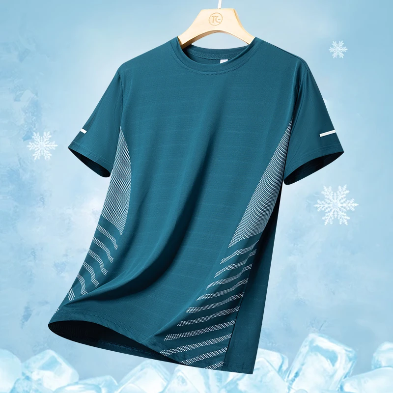Color: army green, Size: L - Men's Silk Ice Round Collar T-shirt, Simple Running Fitness Suit, Breathable Thin T-shirt, Quick Dry T-shirt, Summer