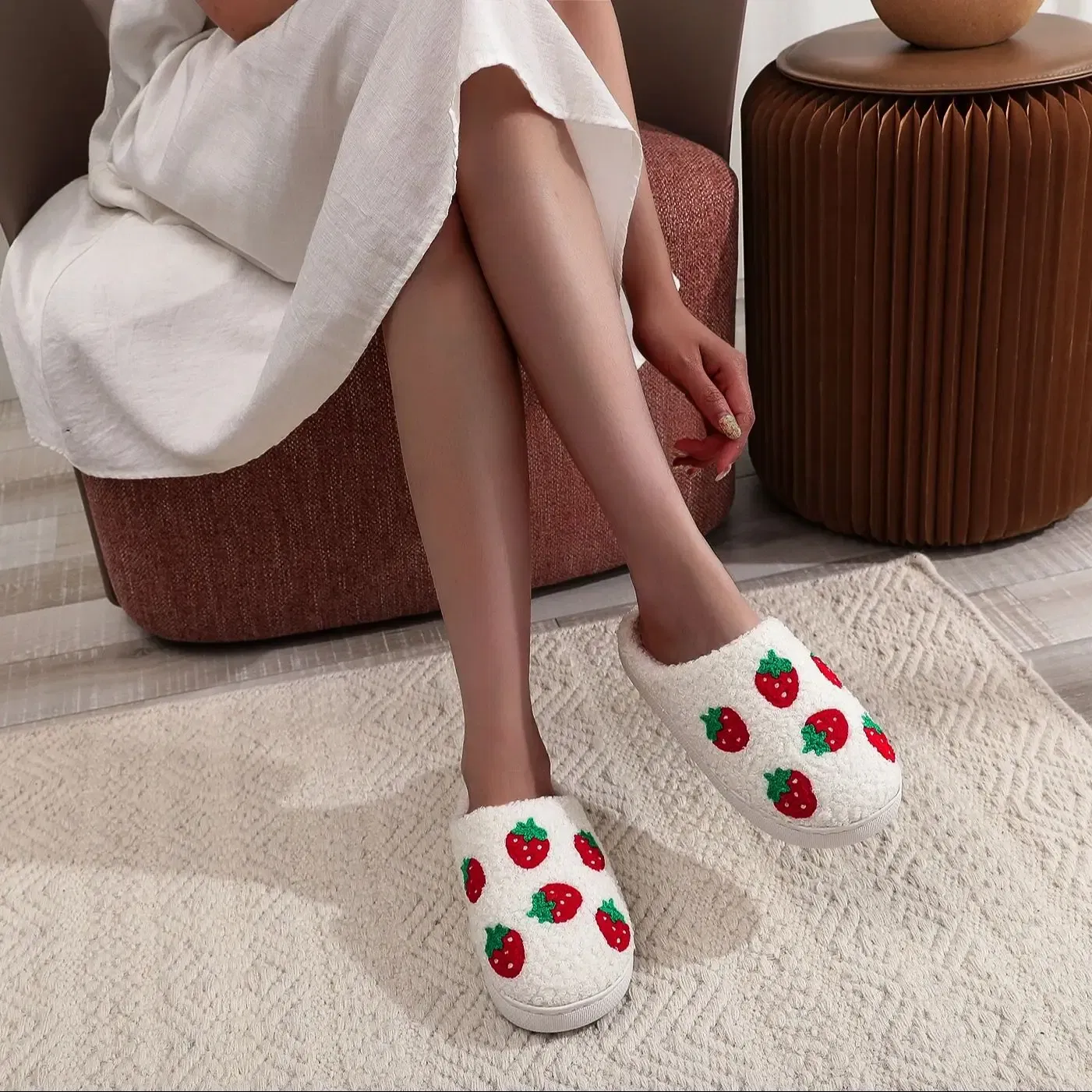 Color: WHITE, Shoe Size: 44 - Winter home furnishings small fresh seven strawberry cotton slippers non-slip thick bottom wear-resistant cotton slippers