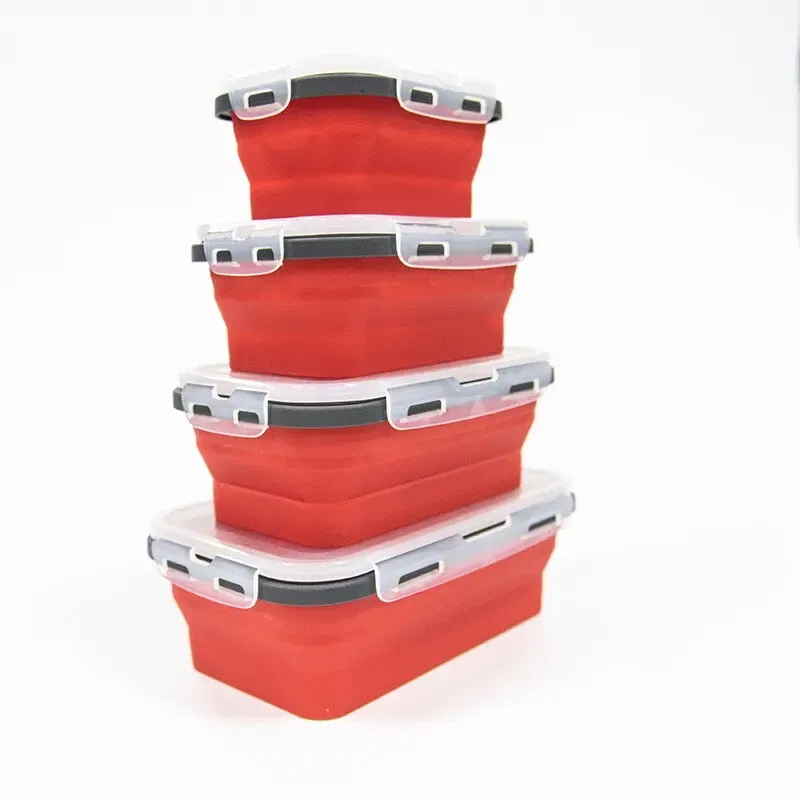 Number of Tiers: 1-tier, Color: Green - 4PCS Foldable Silicone Lunch Box Portable Microwave Heated Lunch Box Square Silicone Preservation Box Kitchen Supplies