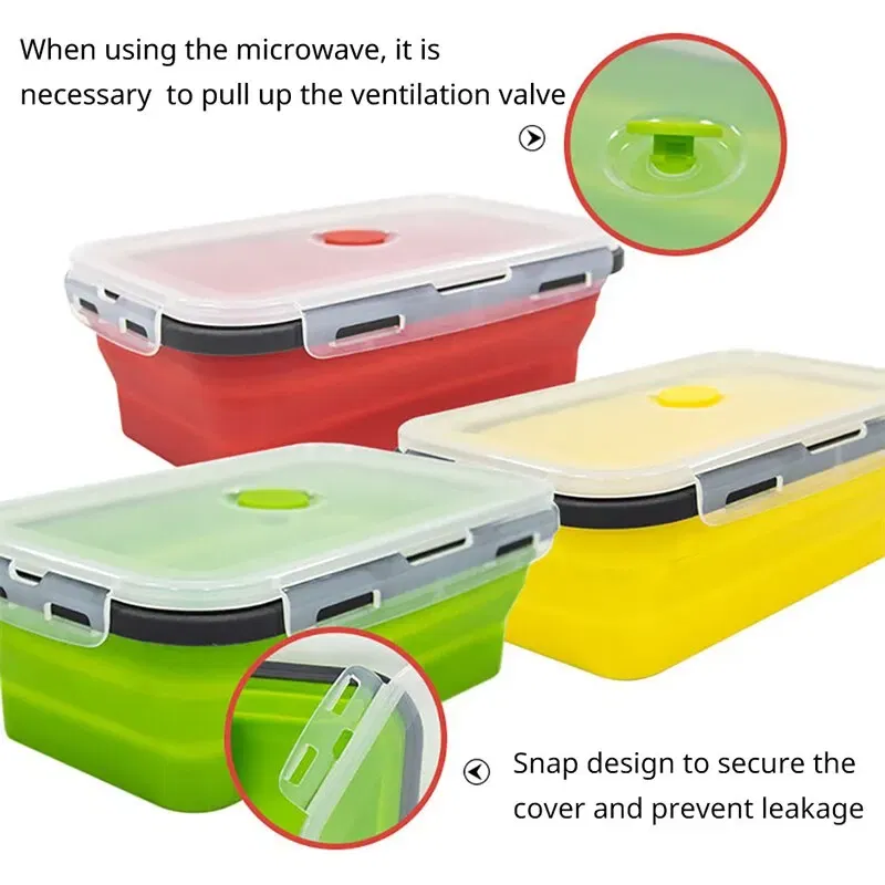 Number of Tiers: 1-tier, Color: Green - 4PCS Foldable Silicone Lunch Box Portable Microwave Heated Lunch Box Square Silicone Preservation Box Kitchen Supplies