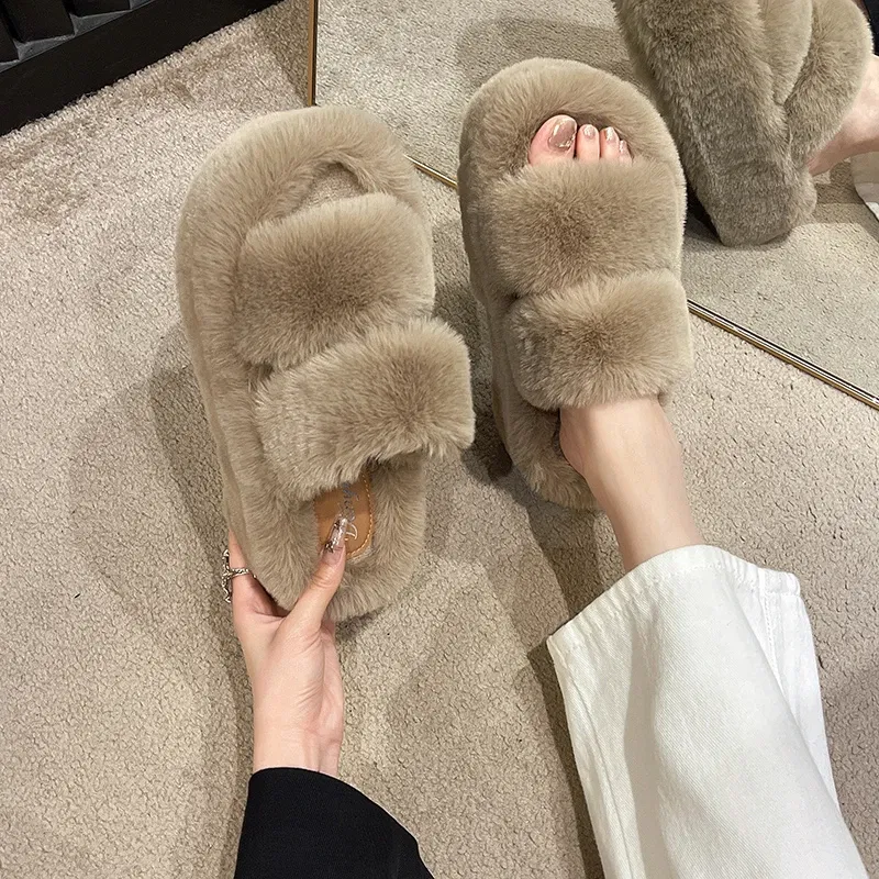 Color: SKY BLUE, Shoe Size: 36 - New Winter Open Toe Slipper Fur Thick Sole Flats Heel Ladies Casual Slip On Bedroom Shoes Soft Outdoor Fashion Fur Slippers