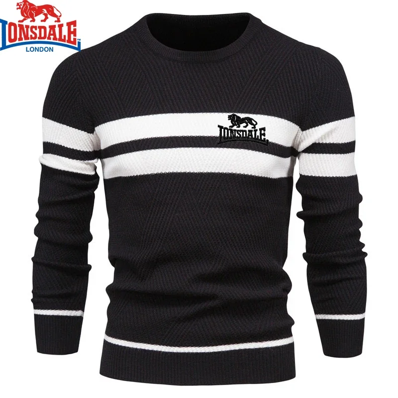 Color: black, Size: XXL - Embroidered LONSDALE Mens Boys Winter Stripe Sweater Thick Warm Pullovers Men's O-neck Basic Casual Slim Comfortable Sweaters