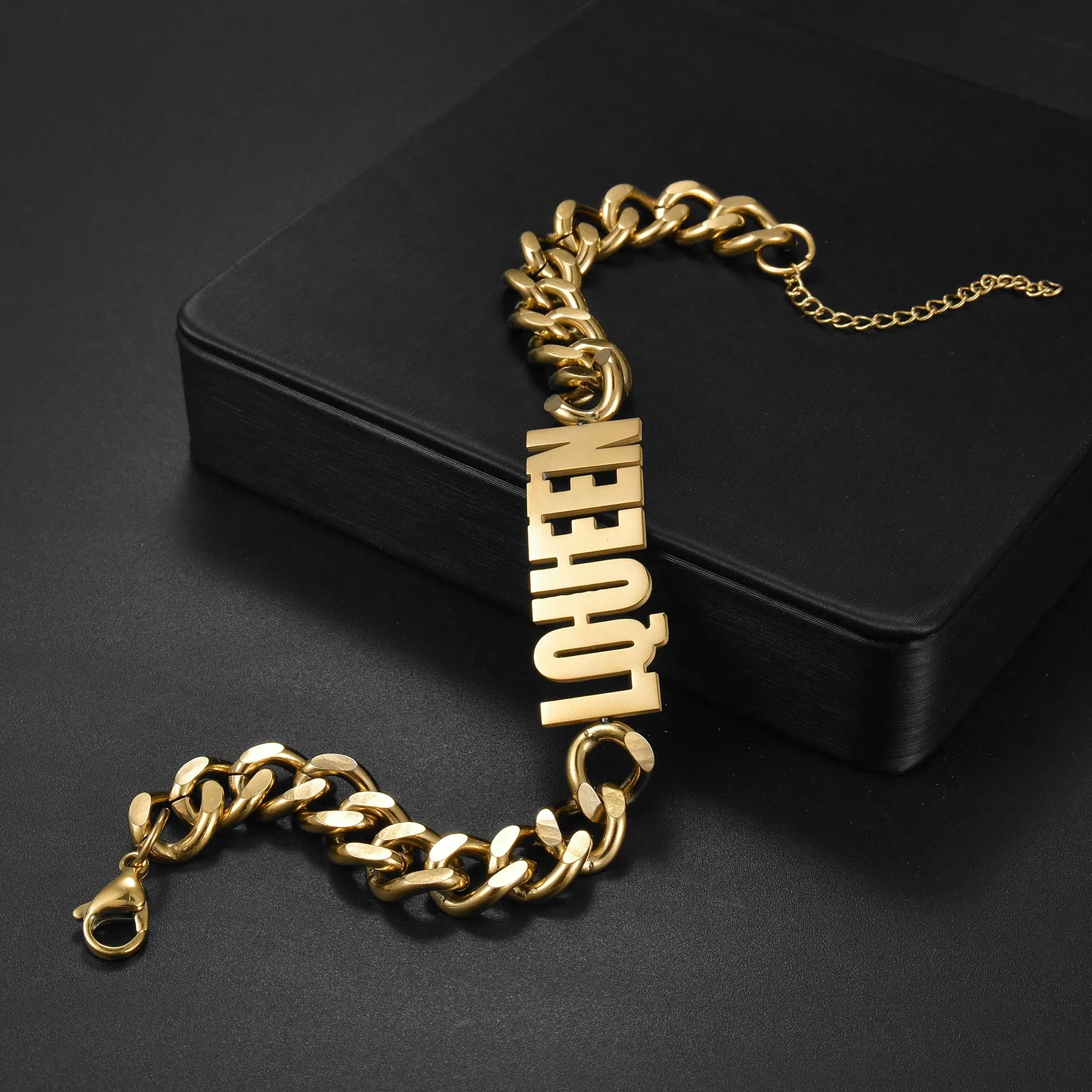 Metal Color: Dark Gold, Length: 17cm, Main Stone Color: Gold - Atoztide Personalized Custom Name Bracelet for Women Men Stainless Steel 10mm Cuban Chain Nameplate Handmade Bangle Jewelry Gift