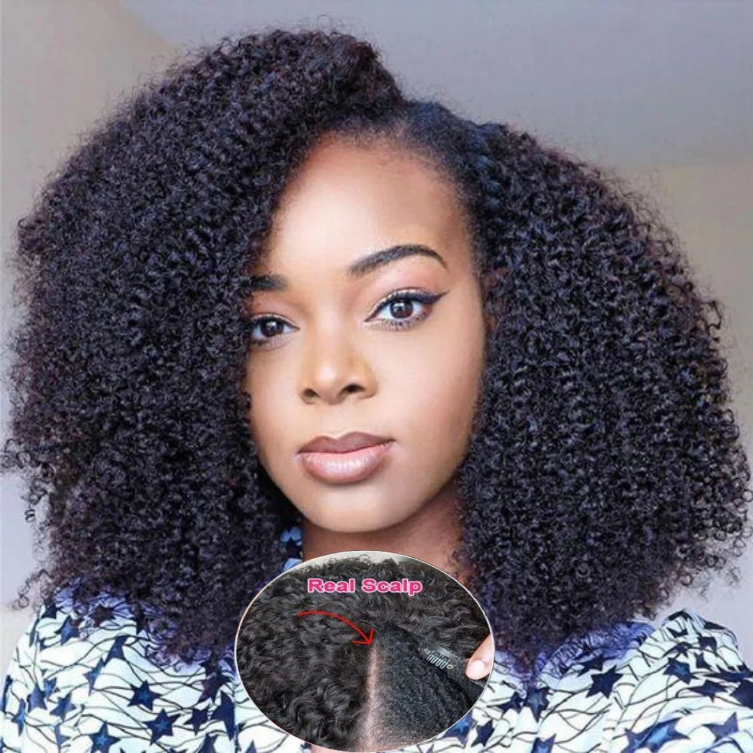 Hair Color: Natural Color, Stretched Length: 14inches, Density: 180% - Afro Kinky Curly V Part Human Hair Wigs No Leave Out Natural Black Machine Made Upgrade U Part Curly Wigs Indian Hair For Women