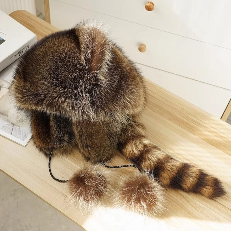 Color: WHITE - Unisex Parent-Children Plush Hat Mongolian Hat with Raccoon Tail Woman Teens Casual Winter Keep Warm Hat