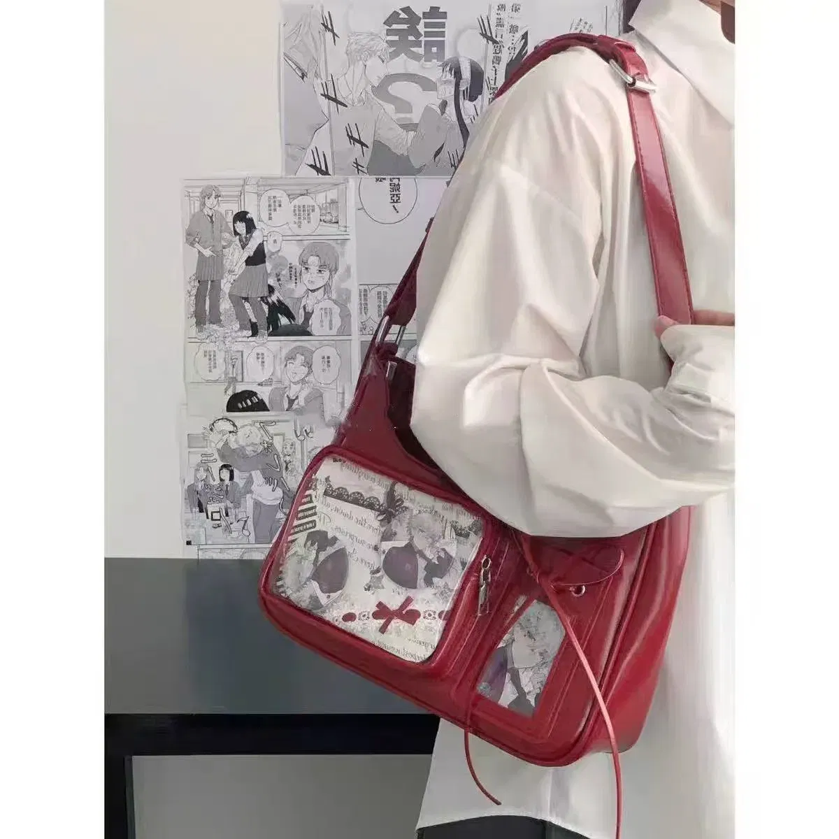 Color: Red - Women's Transparent Ida Bags Japan Shoulder Bags Women Students Crossbody Bags Women's Designer Handbags