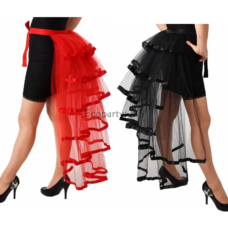 Color: WHITE, Size: One Size, Ships From: CHINA - Women Punk Puffy Ruffle Tutu Bustle Skirts Sexy Steampunk Cocktail Party Tie-on Overskirt Gothic Tulle Skirt for Female