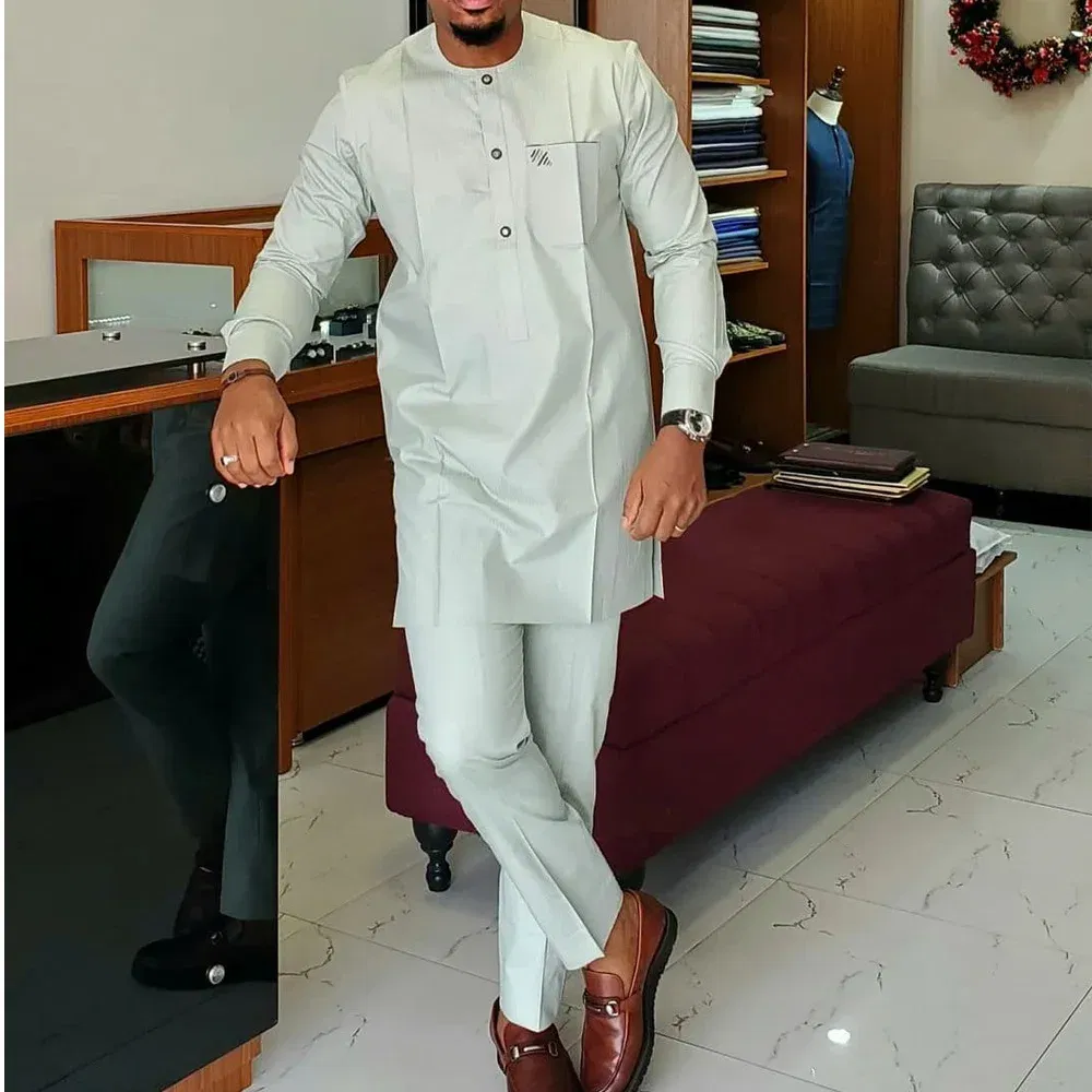 Color: Navy Blue, Size: XXL - 2024 New African Traditional Men's Set Elegant and Fashionable Men's Suit Casual Embroidery Two Piece Set Men's Suit Kaftan