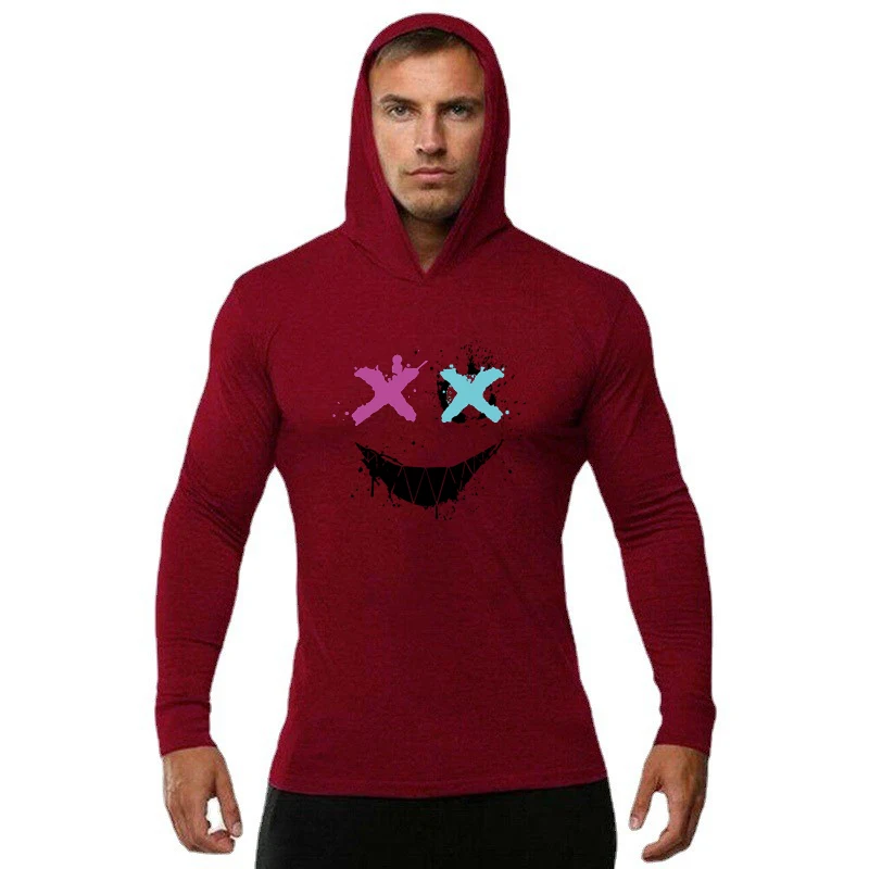 Color: GRAY, Size: M - Trendy Personality Funny XX Smile Face Hoodie Mens Slim Fit Running Long Sleeve Cotton Shirt Gym Training Fitness Hooded T-Shirt