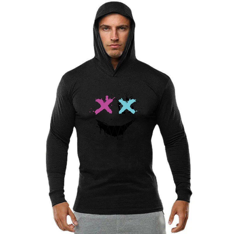 Color: GRAY, Size: M - Trendy Personality Funny XX Smile Face Hoodie Mens Slim Fit Running Long Sleeve Cotton Shirt Gym Training Fitness Hooded T-Shirt