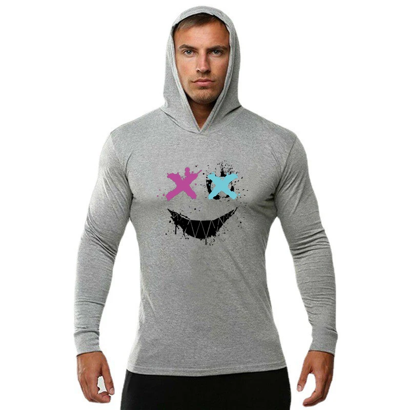 Color: GRAY, Size: M - Trendy Personality Funny XX Smile Face Hoodie Mens Slim Fit Running Long Sleeve Cotton Shirt Gym Training Fitness Hooded T-Shirt