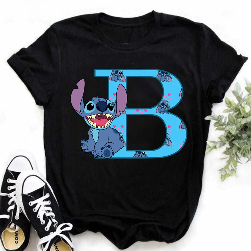 Color: Blue, Size: XXXL - Disney Lilo&Stitch A-Z Alphabet Summer Women's Printed T-Shirt Women's Casual Tops T-Shirt Fashion Cartoon Plus Size T-Shirt