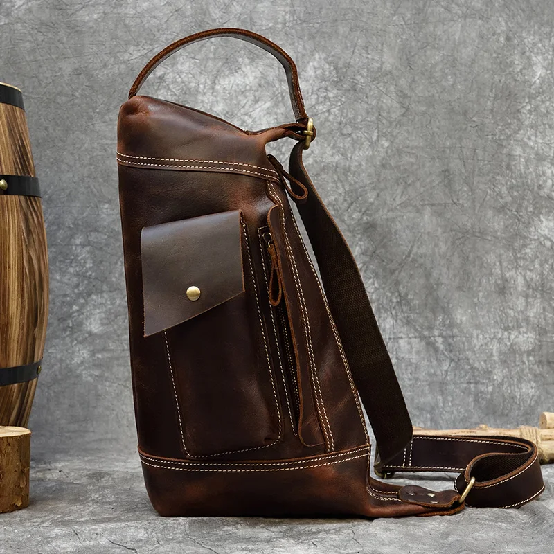 Color: SKY BLUE - 2025 New Style Men's Leather Chest Bag Retro Single Shoulder Crossbody Bag Multi-functional Shoulder Bag For Male Travel Bagpack