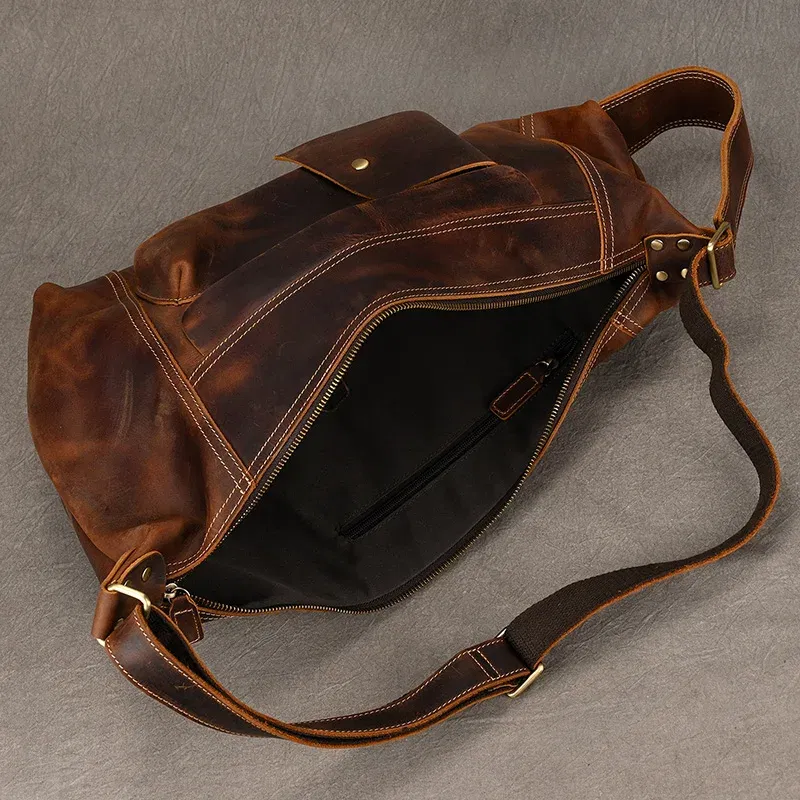 Color: SKY BLUE - 2025 New Style Men's Leather Chest Bag Retro Single Shoulder Crossbody Bag Multi-functional Shoulder Bag For Male Travel Bagpack