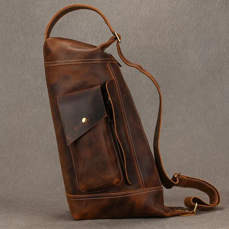 Color: SKY BLUE - 2025 New Style Men's Leather Chest Bag Retro Single Shoulder Crossbody Bag Multi-functional Shoulder Bag For Male Travel Bagpack