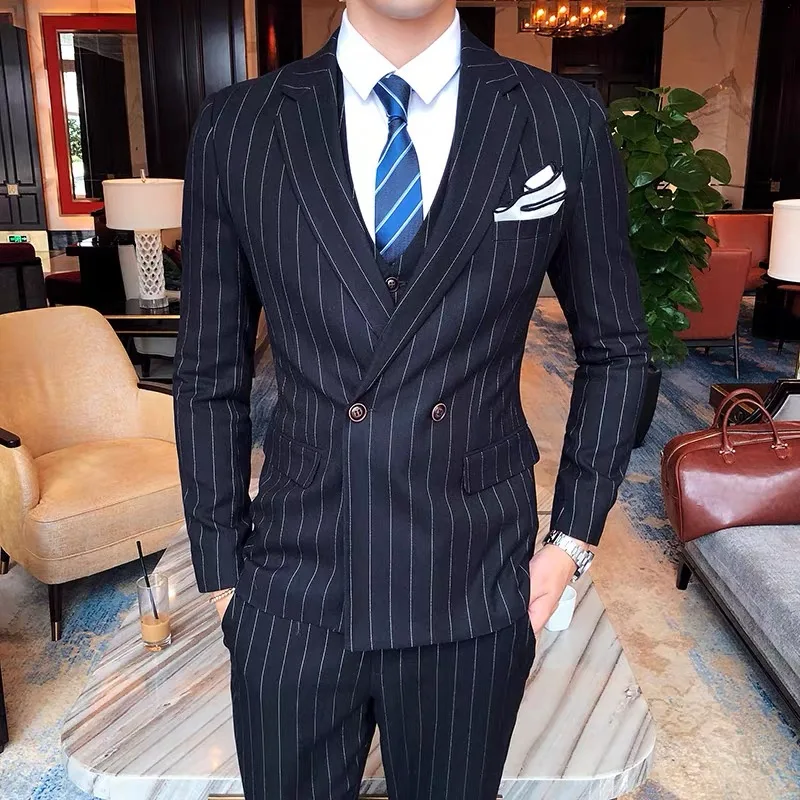 Color: SKY BLUE, Size: XL - Gray Men Classic Striped/Checked Suits, Business Office 3 Piece, Asian Size Slim Fit Men Dress Jacket & Pants with Vest, S-4XL
