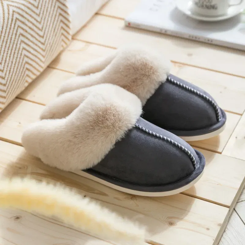Color: Dark Grey, Shoe Size: 44 - Women's Faux Fur Slippers 2024 New Warm Thicked Plush Bedroom Sandals Woman Comfort Soft Sole Home Couple Winter Shoes Slides