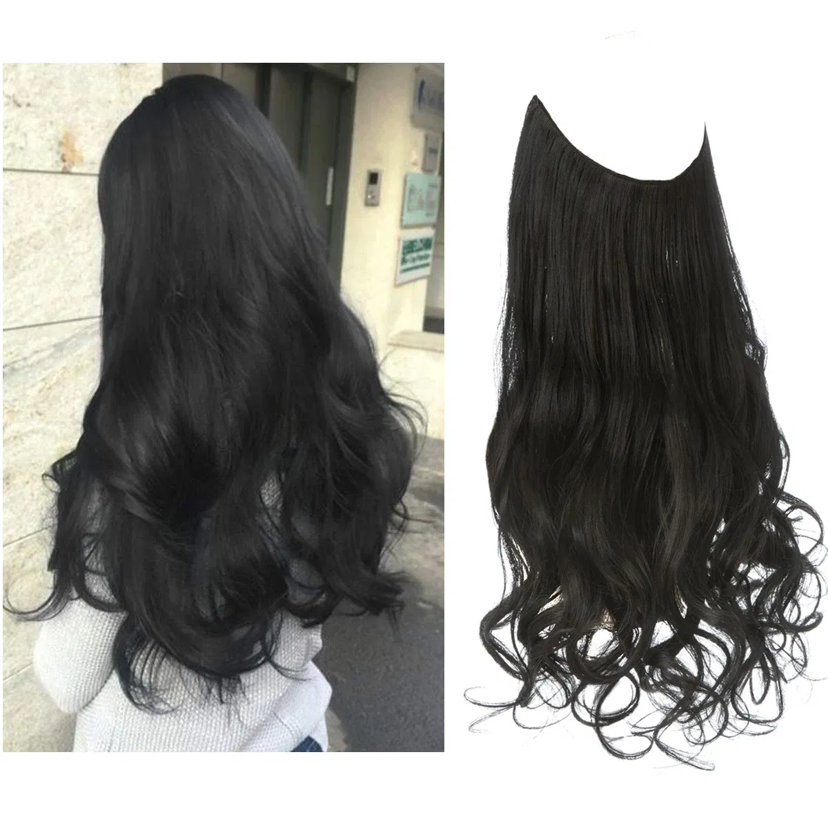 Color: Natural Color, Stretched Length: 18inches - Synthetic No Clip Wave Hair Extensions Ombre Natural Black Blonde Pink One Piece False Hairpiece Fish Line Fake Hair Piece