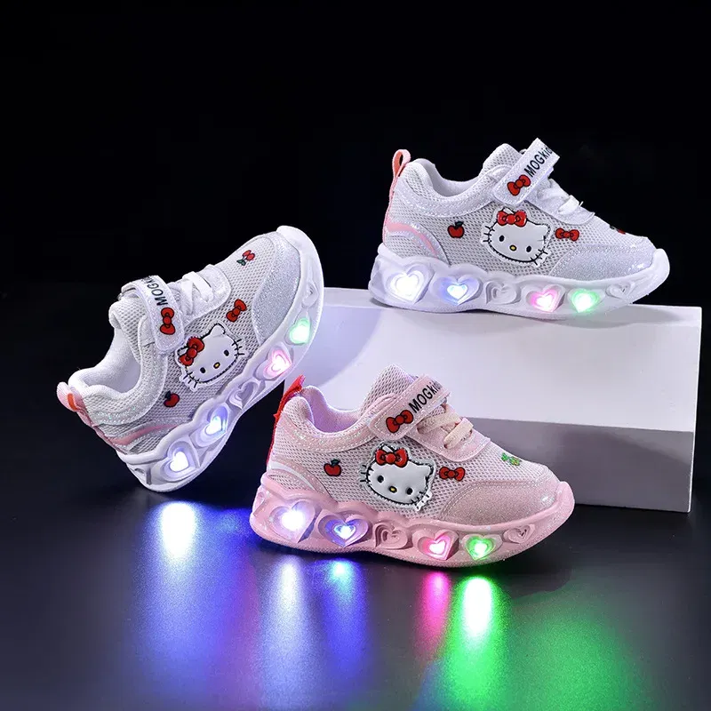 Color: WHITE, Shoe Size: 13 - Kids'Casual Shoes Girls Led Light Cartoon PU Leather Fashion Sport Flat Bottom Shoes Breathable White Pink Size 21-30