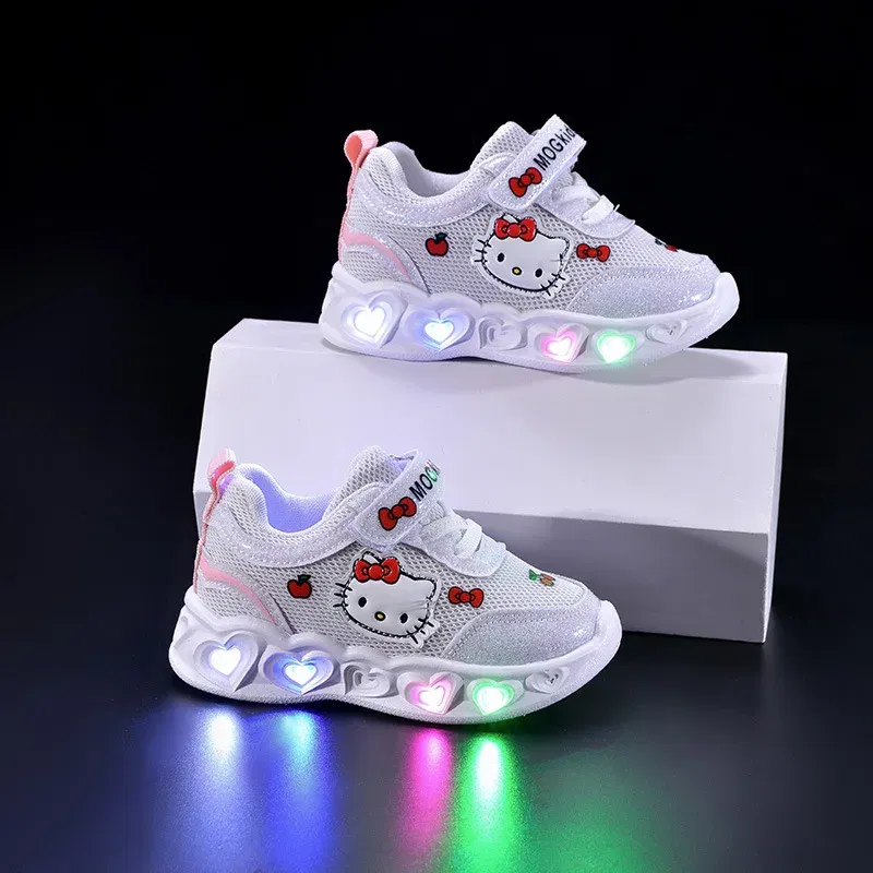 Color: WHITE, Shoe Size: 13 - Kids'Casual Shoes Girls Led Light Cartoon PU Leather Fashion Sport Flat Bottom Shoes Breathable White Pink Size 21-30