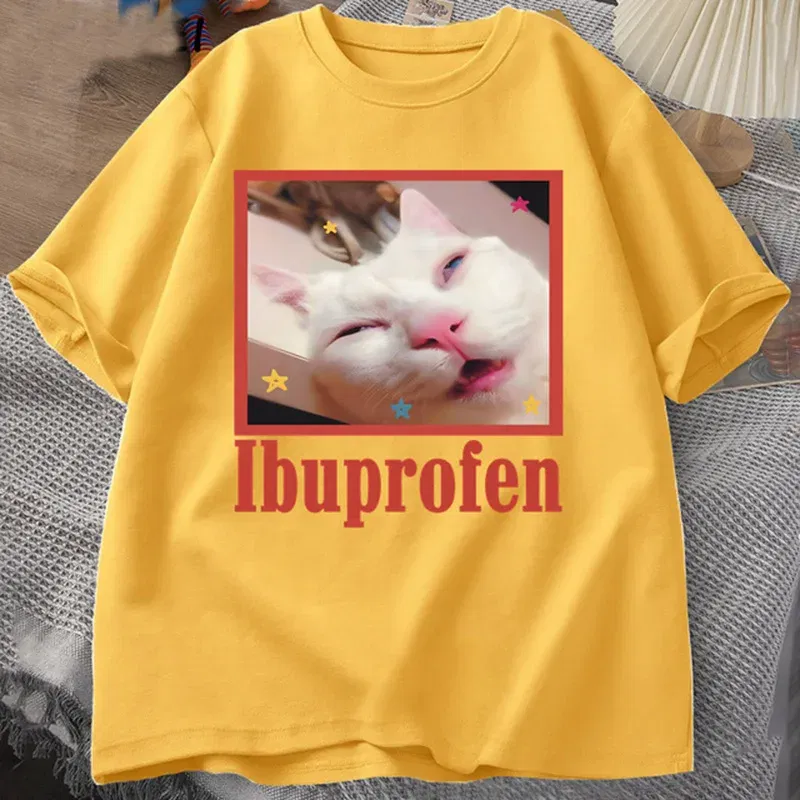 Color: WHITE, Size: S - Ibuprofen Cat Meme Tshirt Funny Cat Graphic Tee Cute Cat Lover Cotton T-Shirt Casual Funny T Shirts Unisex Oversized Tshirt Tee