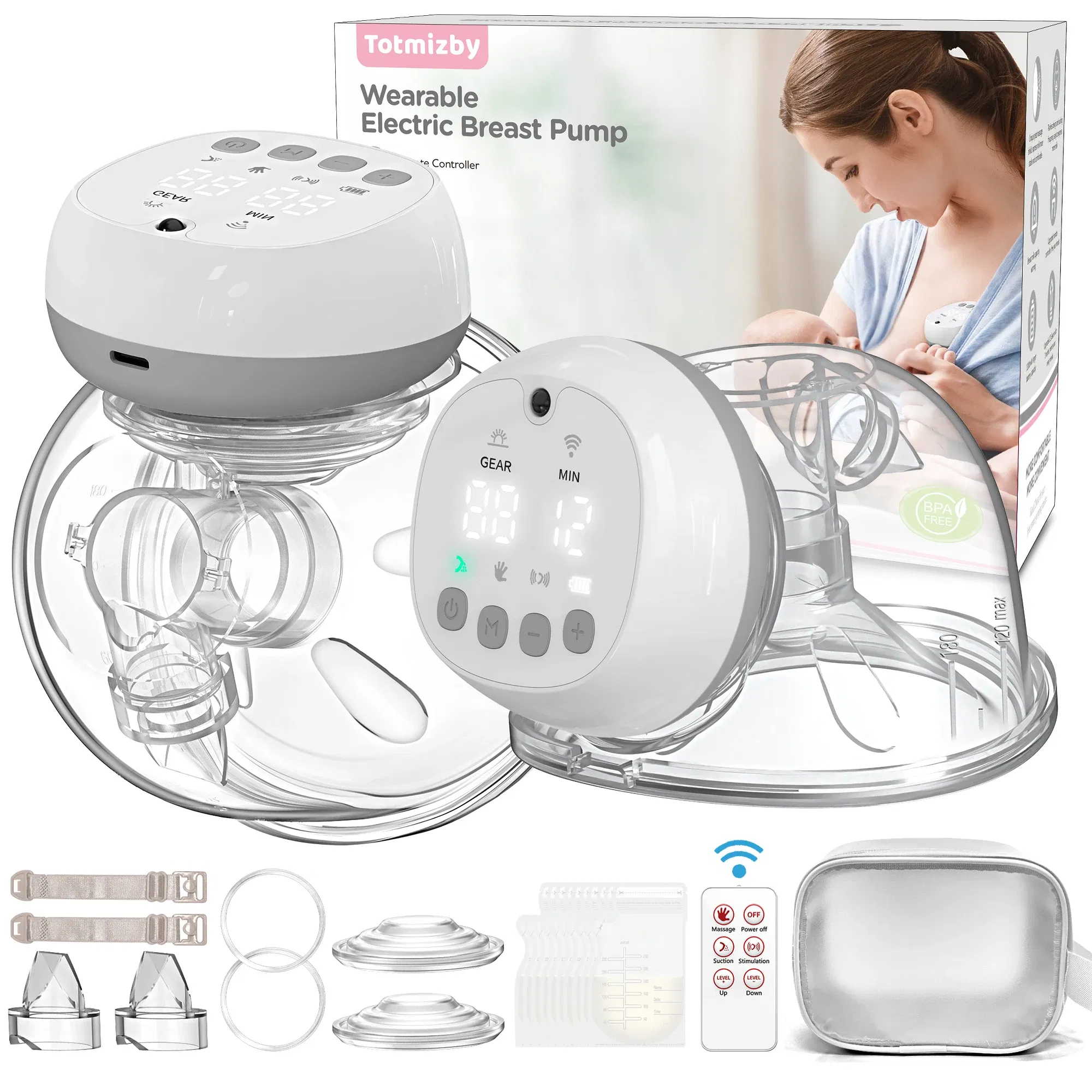 Color: Black - 1200mAh Wearable Breast Pump Portable Hands Free Breastpump 12 Levels 3 Modes Electric Remote Control Painless Breastfeeding