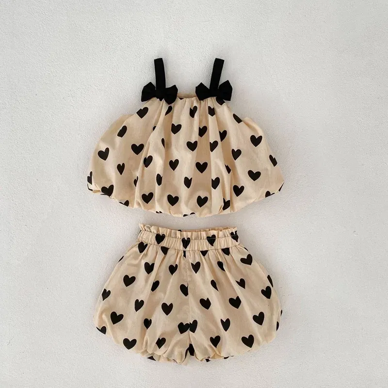 Color: Khaki, Kid Size: 12M - Summer 2PCS Heart Print Cotton Baby Girls Suits Sleeveless Bow Double Layer Apricot Strap Top Toddler Shorts Set, Versatile